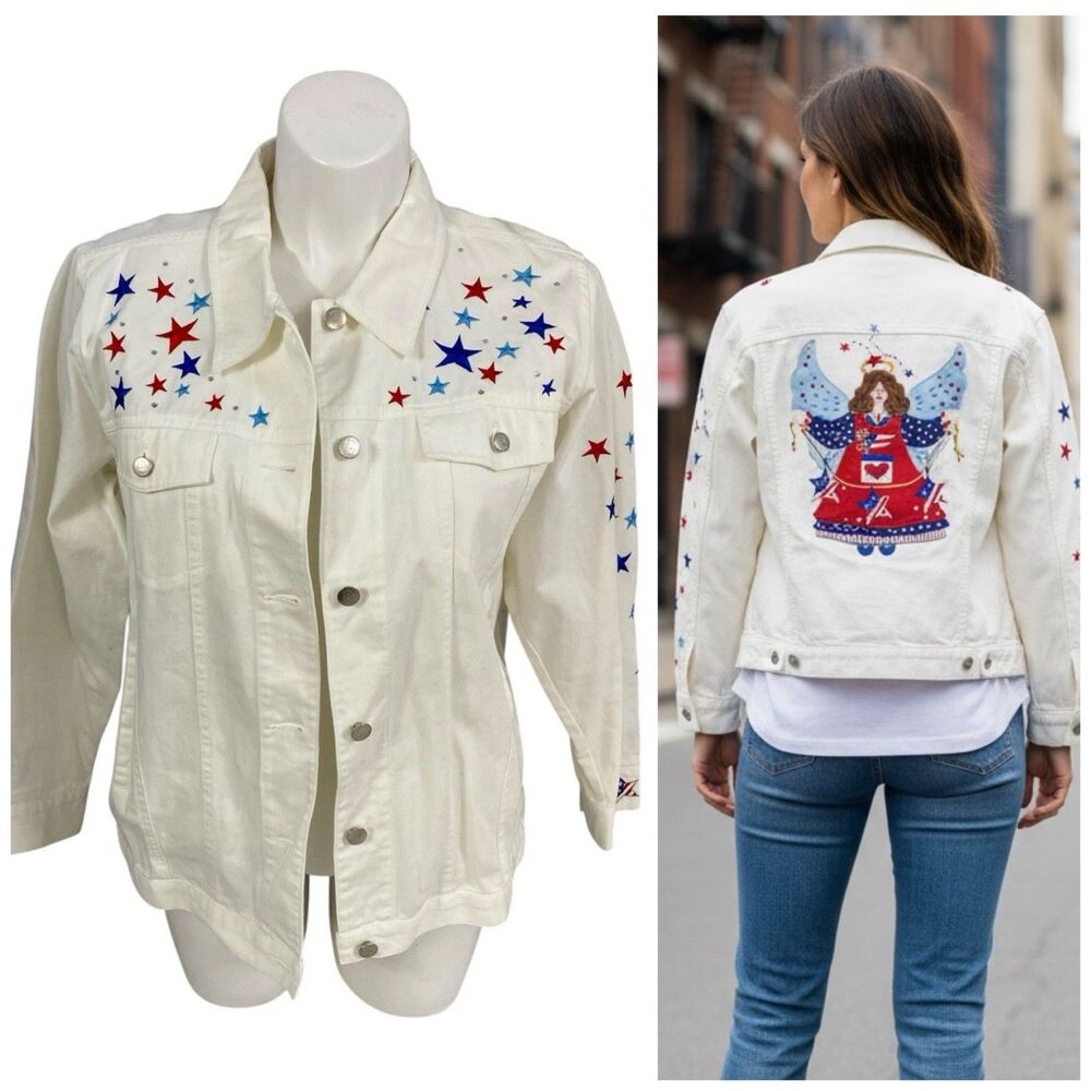 Quacker Factory Jacket Womens Sz Large Patriotic Angel Folk Art Americana Cotton